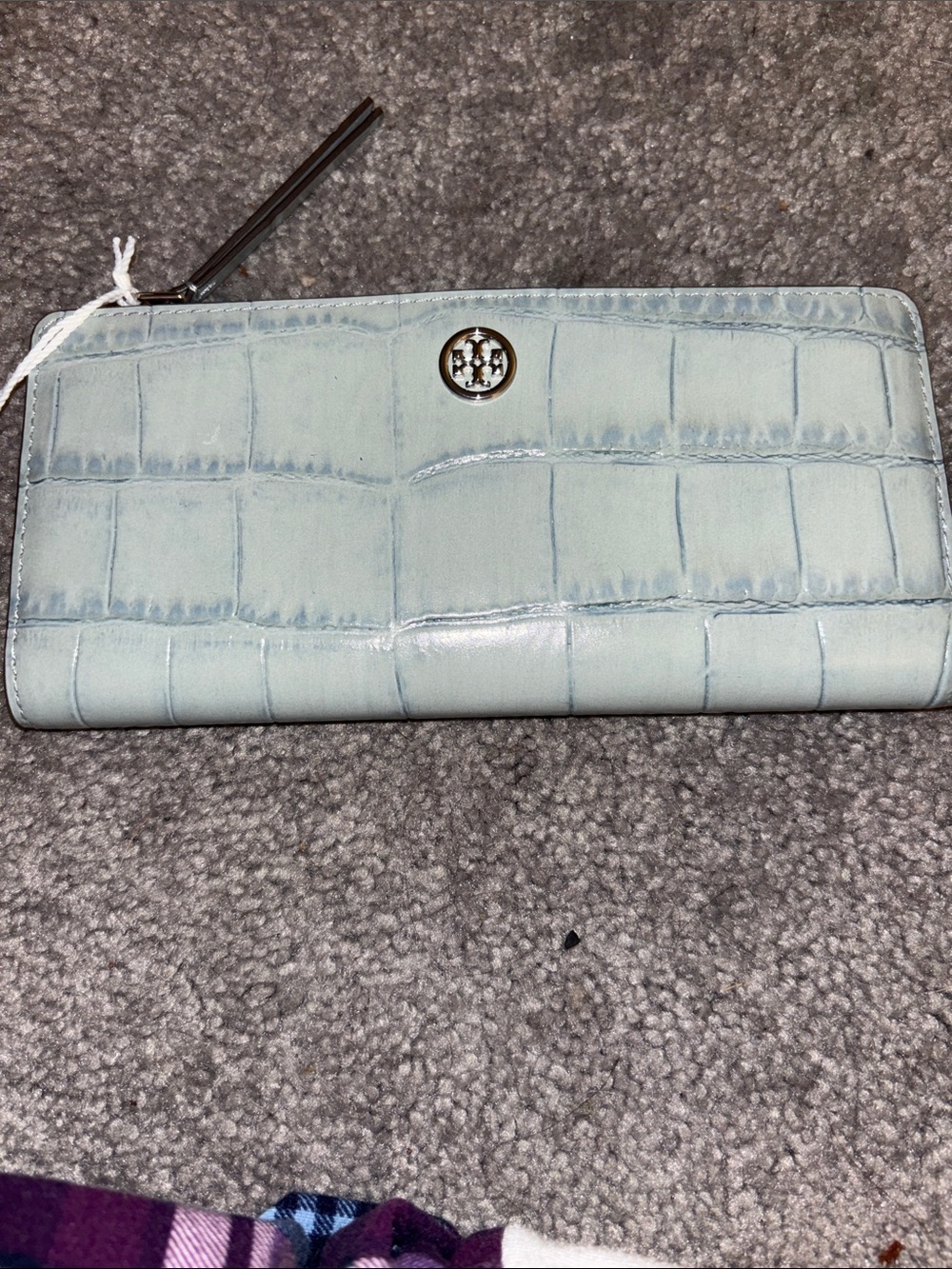 Tory Burch Croc-Embossed Zip Wallet - Light Blue